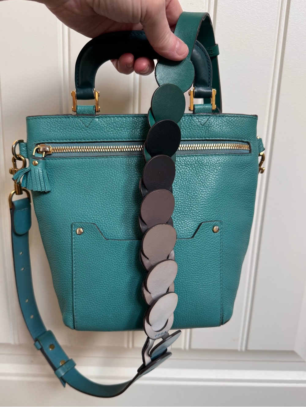 Anya Hindmarch Orsett Mini bag in Green, Grey and Teal. 9” by 8” by 3”